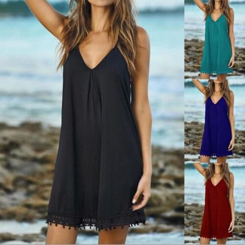 Elegant V Neck Sling Dress Women Summer Sexy Solid Color Casual Sleeveless Pullover Beach Party Loose Dresses Vestidos S-5XL
