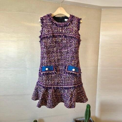 Purple Tweed Dress Women Vintage Elegant Plaid Mermaid Dress Sleeveless Tassel Autumn Party Dress Harajuku Runway Luxury A408