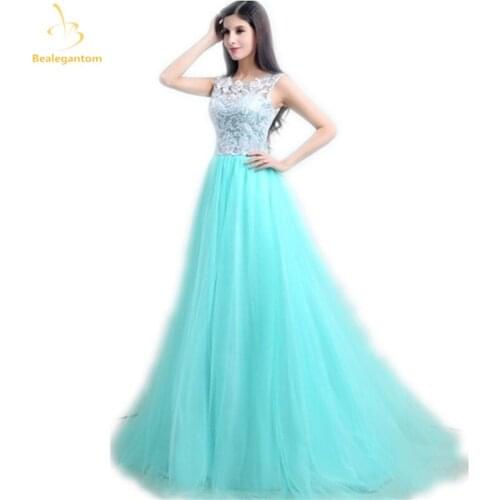 Bealegantom Cheap Prom Dresses 2019 With Sleeveless White Lace Mint Green Tulle Long Party Evening Dress Under 100 QA1232
