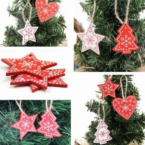 10PCS Red White Wood DIY Craft Cutout Christmas Hanging Ornaments with Hole Gift Tag for Wedding Birthday Christmas Decoration