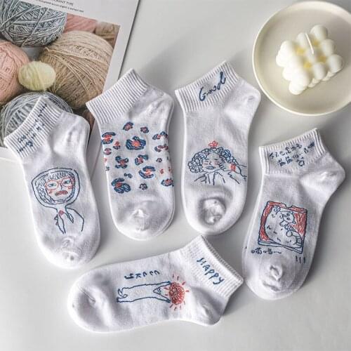 5 Pairs White Funny Socks Female Korean Socks Summer Short Tube Boat Socks Ins Trend Cute Cartoon Socks Cotton Crew Socks