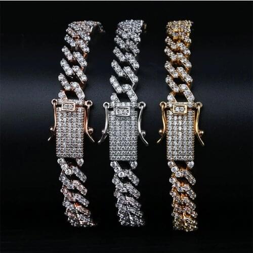 10mm wide Micro Paved AAA CZ Stone Bling Iced Out Geometric Rhombus Cuban Chain Bangle Bracelets for Men Hip Hop Rapper Jewelry