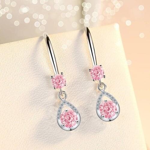 Elegant Pink Round Small Water Drop Zircon Earrings For Women Fashion Jewelry Vintage Silver Color Minimalist Dangle Earrings