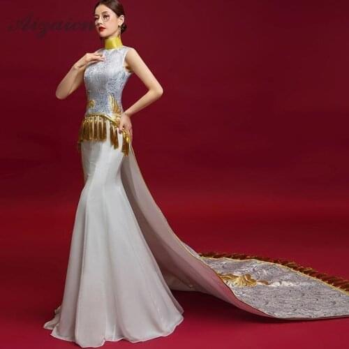 Tulle Formal Evening Party Dress Tassel Satin Cheongsam Trailing Mermaid Wedding Dresses Women Elegant White Vintage Qipao Gown
