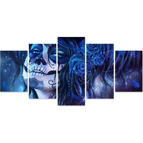 Canvas Home Decor Modular Wall Art Picture 5 Pcs Sugar Skull And Blue Flowers Painting For Living Room HD Print Poster(No Frame)