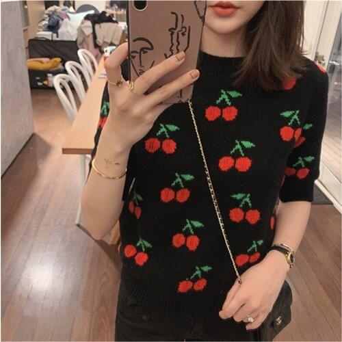 Ins Popular Autumn Cherry Pattern Cosy Knitted Tops Sweet Women Casual Stretch Slim Half Sleeve Thin Sweater