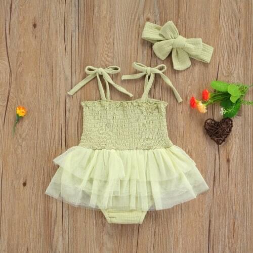 Newborn Summer Baby Girls Romper Dress Jumpsuits + Bowknot Headband 2pcs Lovely Tie Up Spaghetti Strap Tulle Mesh Playsuits
