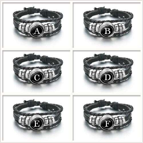 26 Letter A-Z Glass Snap Metal Bead Bracelet ID Name Friendship Black Braided Leather Bracelet Men Women Kids Family Gift