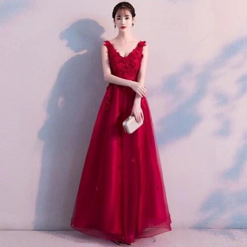 Lace Burgundy communion dresses Evening Dress prom party Robe De Soiree longue Formal Dress simple robe de soiree V-neck sexy