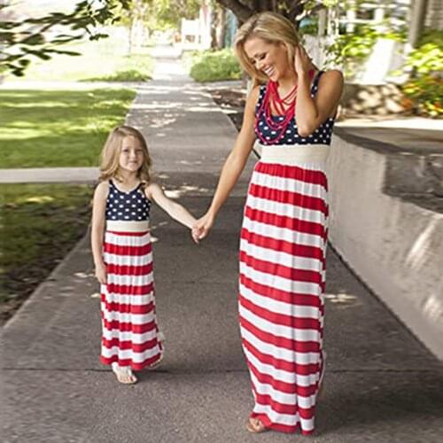 Mom And Daughter Summer Dress Matching Family Clothes 5 Striped Print Mother Daughter Dresses Outfits Sleeveless Sexy Long Dress