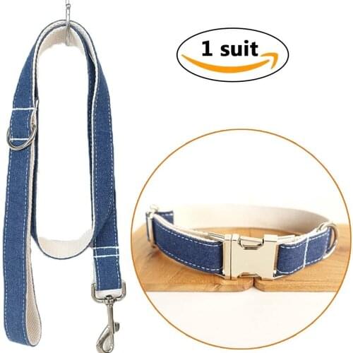 Dog Leash Collar Set Leash Adjustable Outdoor Cowboy Pet Collar Set Jean Leash Collar Heavy Duty Denim Dog Leash Collar White