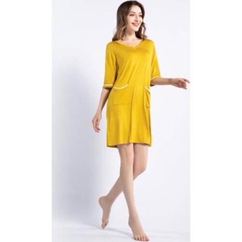 Nightdress Womens Modal Home V-neck Short Sleeve Lady Nightgown Medium Length Dress Leisure Fashion Dress Female Sleepwear