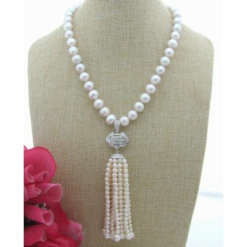 Natural 10-11mm White freshwater Keshi Pearl Zircon Pendant Necklace