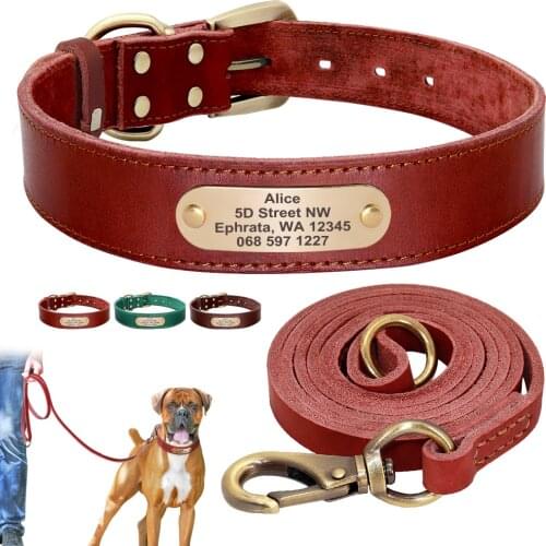 Custom Leather Dog Collar Leash Set Personalized Pet Collar Leash Free Engraved Nameplate For Small Medium Large Dogs