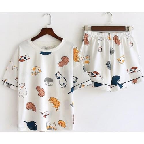 Women Summer 100% Cotton Pajamas Pajama Set Cute Cats Cartoon Print Sweet Sets Short Sleeve Shorts Sleepwear Pijama Homewear