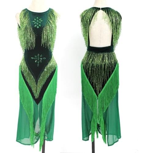 Nice Quality Latin Dance Competition Dresses Crystal Stone Fringe Dress Green Tassel Tango Skirt Latina Dress Costume BL4608