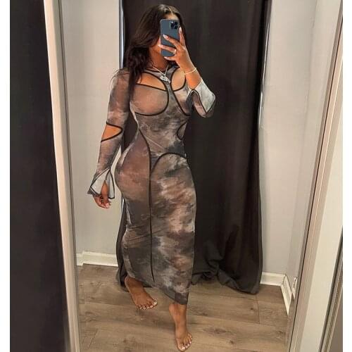 Sexy Tie Dye Printed Mesh Sheer Maxi Dress Women Autumn Winter Hollow Out Flare Sleeve Bodycon Dress Club Party Long Dress Robe