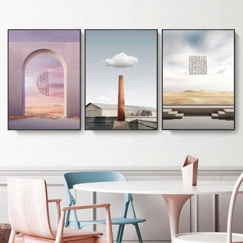 Modern Building Landscape Cloud Birds Desert Posters Prints Canvas Painting Wall Pictures for Living Room Cuadros Home Decor