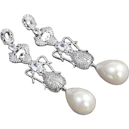 JK Teardrop White Sea Shell Pearl Clear Cz Pave Insect Earrings