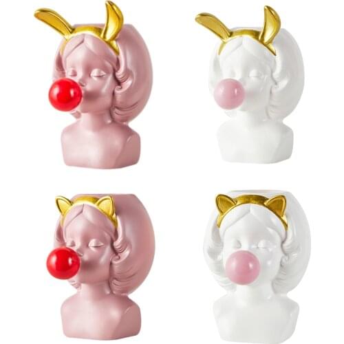 Funny Girl Blowing Bubbles Succulent Planter Decorative Desktop Vase Resin Flower Pot Makeup Brush Holder Container Home Decor