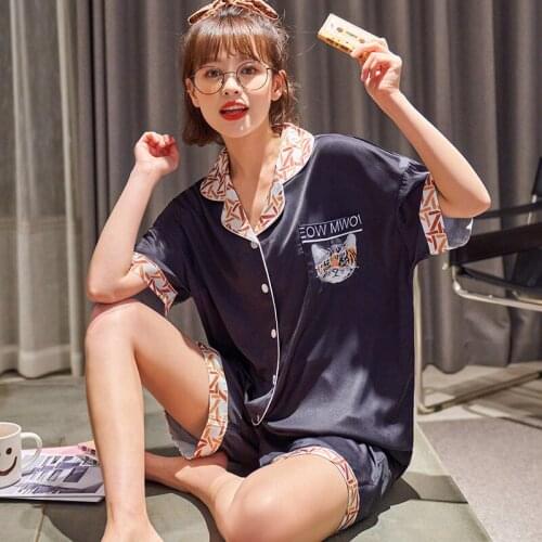 Women Sleepwear Summer Pajamas Plus Size XXXL Loose Version Pajama Set Silk Short Sleeved Shorts Suit Cartoon