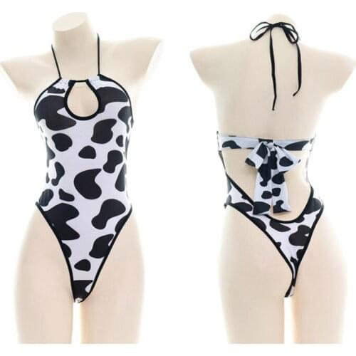 Women Sexy Sukumizu Lolita Girl Cows Black White Print Halter Sleepwear Backless Bow Nightwear Cosplay Private Bodysuit Swimwear
