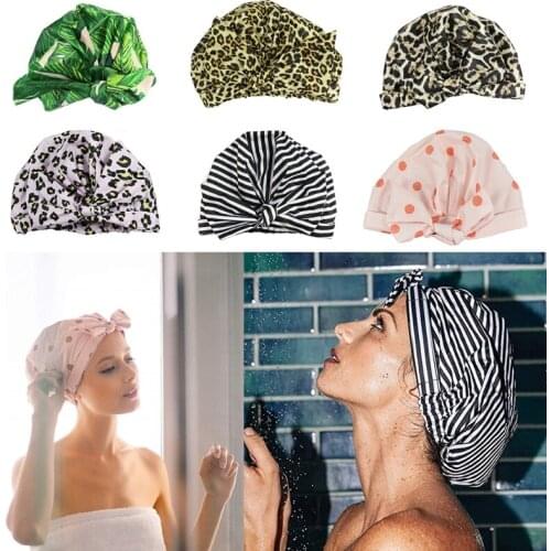 Women Waterproof Silky Shower Cap Forehead Bowknot Strap Leaves Leopard Print Hair Protection Reusabe Beanie Bath Hat