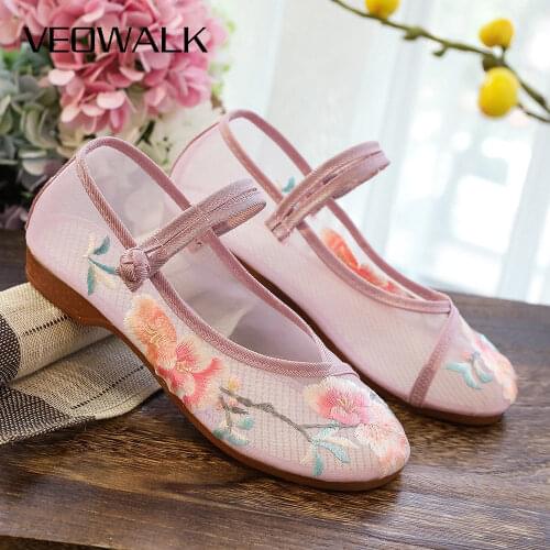 Veowalk Summer Women Embroidered Fabric Ballet Flats Gauze Transparent Ladies Casual Embroidery Flat Shoes Breathable Ballerinas
