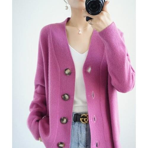 100% Pure Wool Cashmere Sweater Autumn and Winter Womens V-neck Cardigan Fashion Korean Oversized Knitted Tops Jacket Female