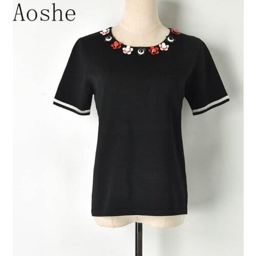 Women Short Sweater Sleeve Crew Neck Leather Flower Decorative Knitted Shirt Ladys Turtleneck