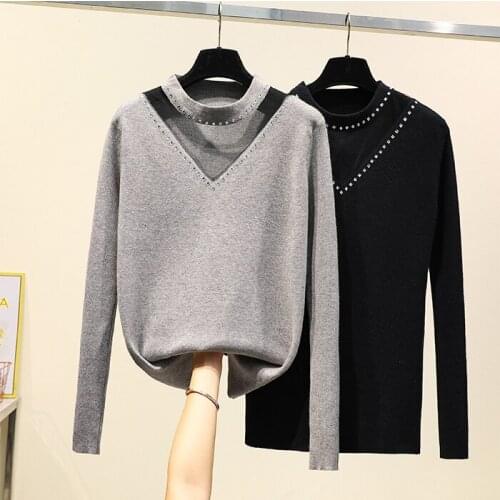 4xl good quality plus big size latest women spring autumn winter 2020 black gray stitch mesh knit sweaters top female A5430