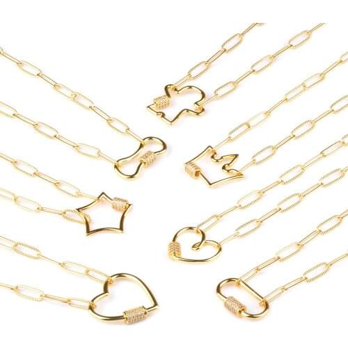 New Goth Punk Chunky Link Chain Necklace for Women Charm CZ Zircon Gold Heart Crown Star Lock Pendant Female Necklace