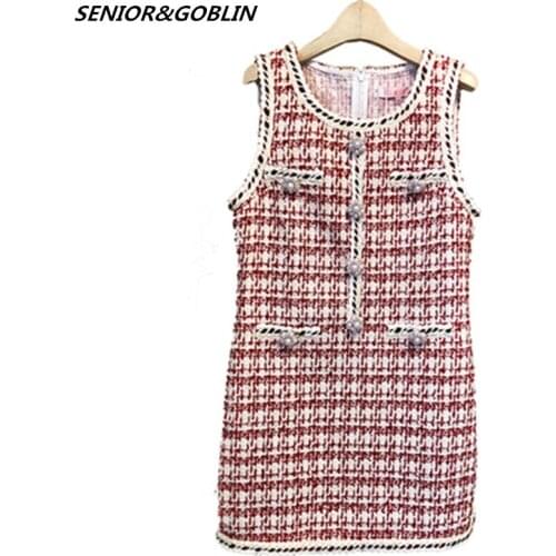 2019 High Quality Brand Dress Beading Black Dress Winter Spring Pearls Button Sleeveless Tweed Woolen Women Red Dress Vestidos