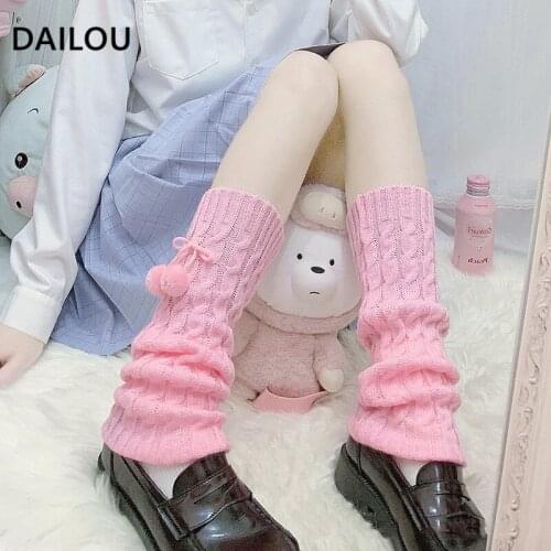 2021 Winter Kawaii Loose Calf Socks Girl Korean Version Cute Sweet Lolita Wool Ball Warm Knee High Socks Gifts For The Holidays