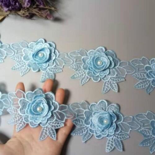 20X Blue Rose Flower Leaf Pearl Lace Trim Applique Trimming Ribbon Embroidered Fabric Sewing Craft Handmade Wedding Decoration