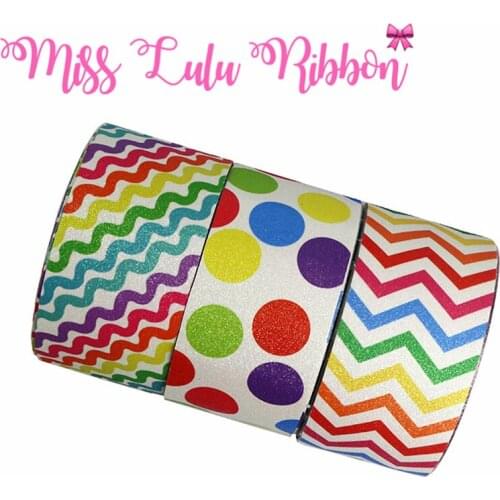 3"75mm Colorful Waves Dots Gradient Rainbow Color Shiny Glitter Leather Fabric Ribbon DIY Gift Bowknots Hair Band 50yards/roll