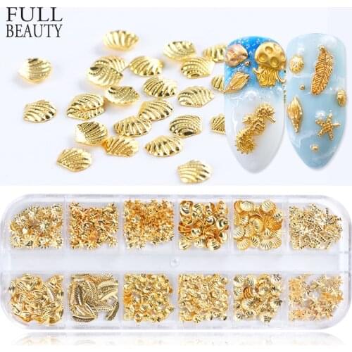 3D Gold Nail Art Decorations Mixed-Shape Metal Frame Shell Leaf Rivet Studs on Nails DIY Charm Jewelry Accessories Supply CH25