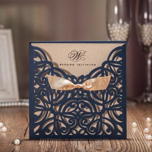 50pcs Navy Blue Laser Cut Customized Wedding Invitations Cards With Bowknot Paper Cardstock for Wedding engagement Party