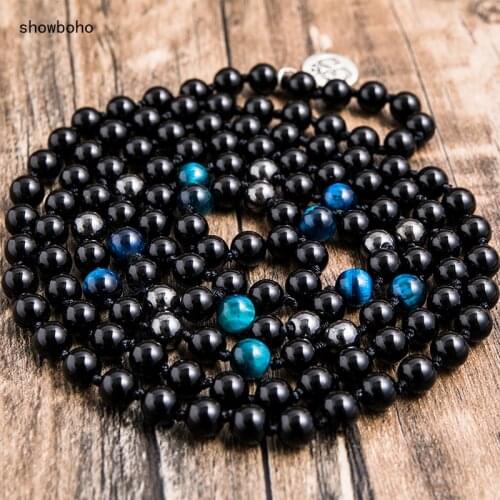 8mm Black Onyx Hematite Blue Tiger Eye Knotted Necklace 108 Japa Mala Meditation Yoga Blessing Jewelry OM Amulet Pendant