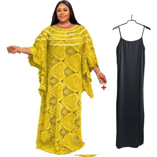 African Dresses For Women Guipure Lace Water Soluble Fabric 2021 Embroidery Muslim Fashion Dashiki Abaya Dubai Boubou Dress