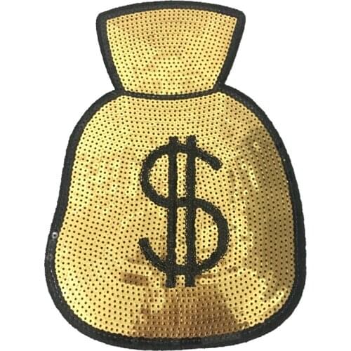 7x10 inch New Custom Gold Money Bag Sequined Iron on Patches for Clothes Jeans Dollar Bag Sequins Embroidery Appliques 2020 DIY