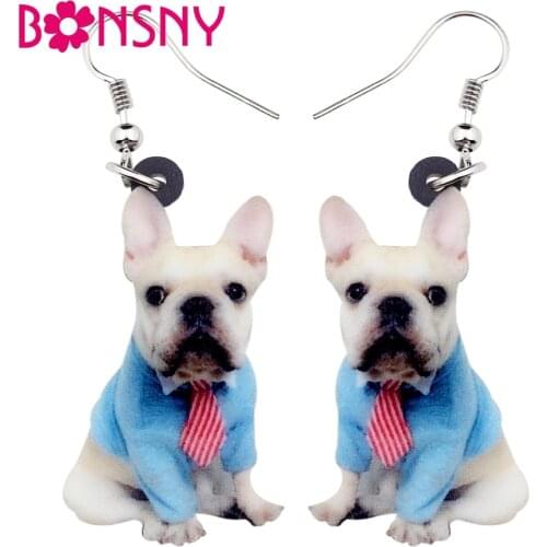 Bonsny Acrylic Sweet Sitting Tie French Bulldog Dog Earrings Big Long Dangle Drop Elegant Animal Jewelry For Women Girls Ladies
