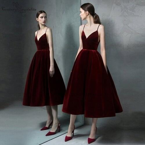 Burgundy Prom Dresses Short Tea-Length Spaghetti Zipper Velvet Simple Formal Gowns Evening Dress Vestidos De Festa 2020