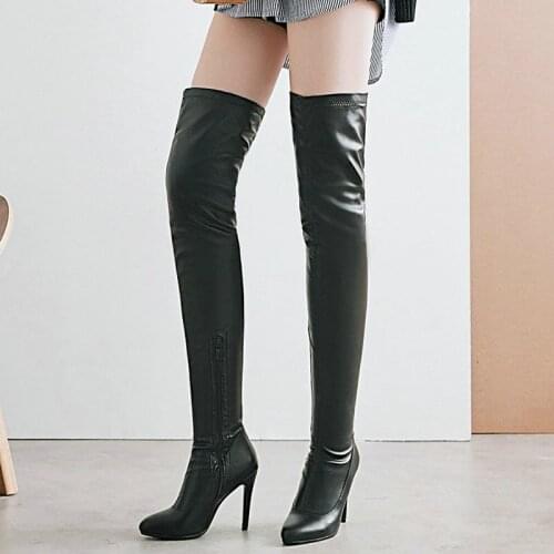 Black White New Autumn Winter PU Knee Boots Ladies Sexy Stiletto High-Heel Zipper Womens Shoes Fashion Slim Fit Knight Boots