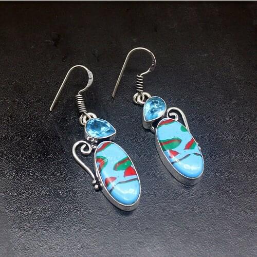 Gemstonefactory Big Promotion Unique 925 Silver Charm Stripe Jasper Blue Topaz Women Ladies Gifts Dangle Drop Earrings 20212247