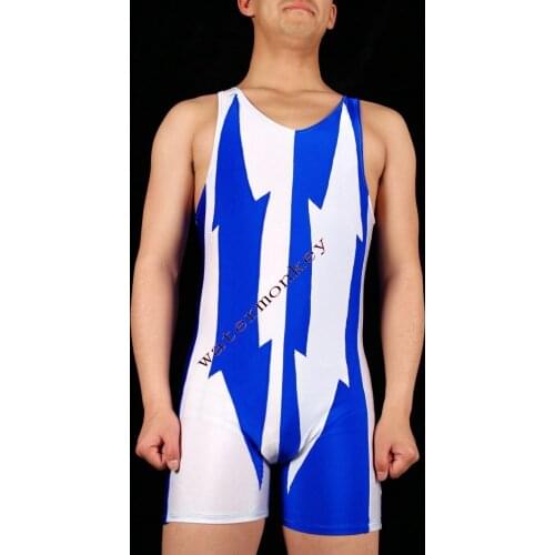 New style blue and white combination costume Jumpsuit Wear Sleeveless Short Unitard Spandex Dancewear Bodysuit