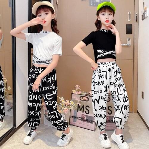 Teenager Girls Summer Fashion Streetwear Clothing Set Crop Top And Print Pants Sweatpants Cotton 2PCS Outfits For Kids 4-14Years