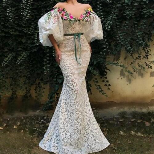 Muslim Evening Dresses Mermaid V-neck Half Sleeves Appliques Lace Dubai Saudi Arabia Long Prom Dress Gown Robe De Soiree