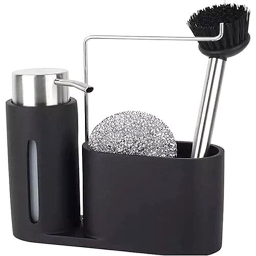 HLZS-Sink Caddy Cleaning Kit Kitchen Caddy with Soap Dispenser Steel Ball and Brush Black Clean Group for Kitchen Organizing