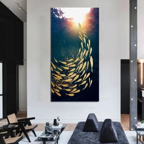 Canvas Painting Modern Gold Koi Fishes Wall Art Landscape Ocean Posters and Prints Wall Pictures for Living Room Decor Cuadros